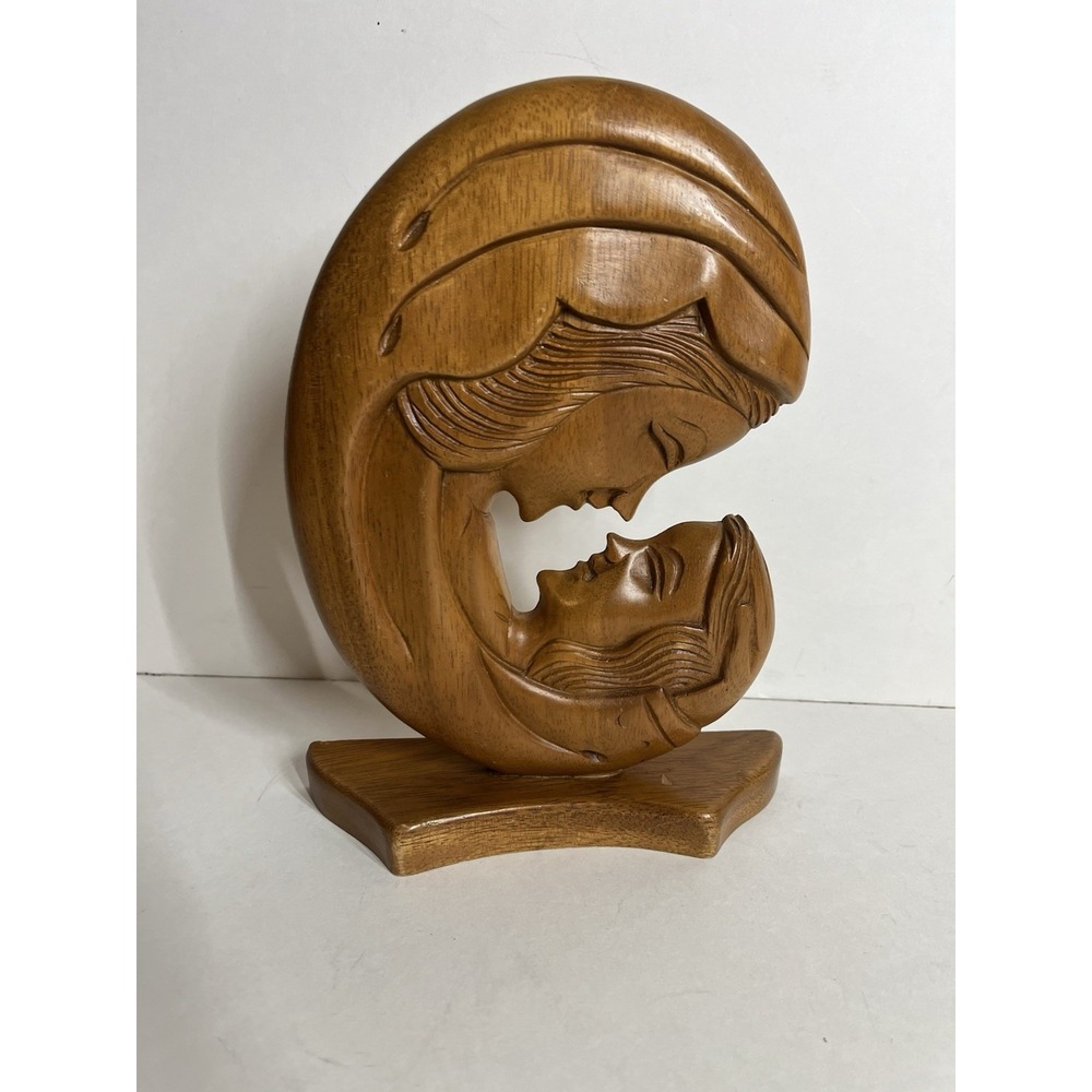 Vintage Mother and Child sculpture wooden hand carved Decour 9 In Tall